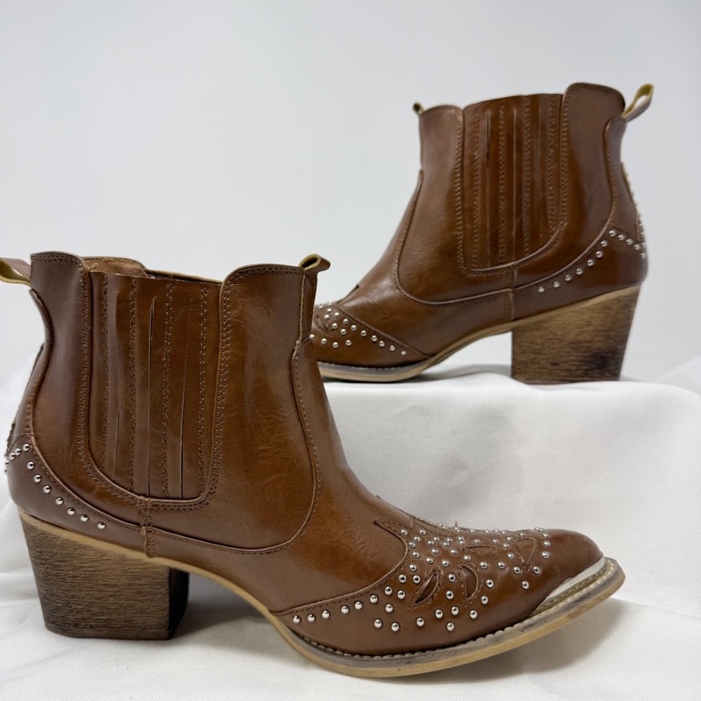 Yoki Brown Studded Western Ankle Boots - Picture 9 of 14